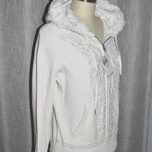 Share Vintage Y2K Lucky Brand Ivory Heavily Embroidered Fur Trim Boho Hoodie M +